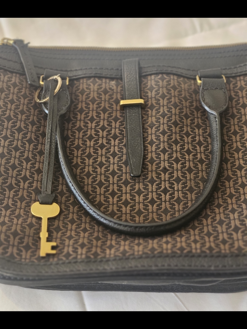 Brown Logo-Print Tote Bag with Black Leather Trim